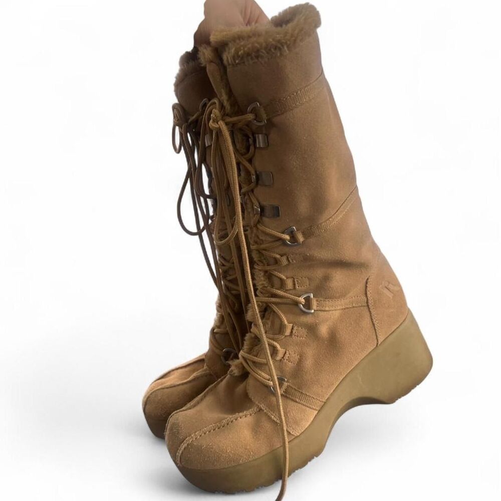 Y2K Rare Report Sleigh Platform Chunky Faux Fur Lined Suede Lace Up Boots